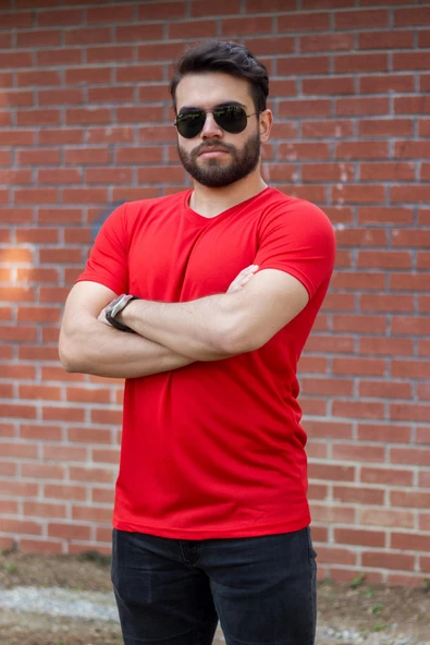 Kırmızı Basic Rahat İnce Petek Kumaş Spor Erkek Tshirt 22ETSHPORT - 5