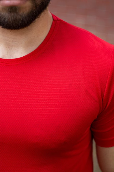 Kırmızı Basic Rahat İnce Petek Kumaş Spor Erkek Tshirt 22ETSHPORT - 3