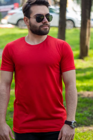Kırmızı Basic Rahat İnce Petek Kumaş Spor Erkek Tshirt 22ETSHPORT - 4