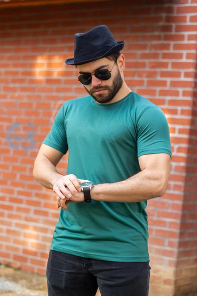 Yeşil Basic Rahat İnce Petek Kumaş Spor Erkek Tshirt 22ETSHPORT - 6