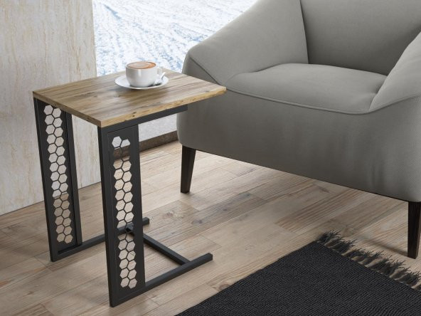 Woodn Love Rose Altıgen Desen Metal Sehpa - Atlantik Çam / Siyah - 5