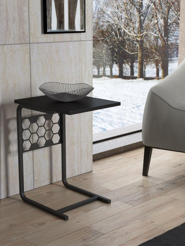 Woodn Love Fabio Premium Altıgen Desen Metal C Sehpa - Siyah / Siyah