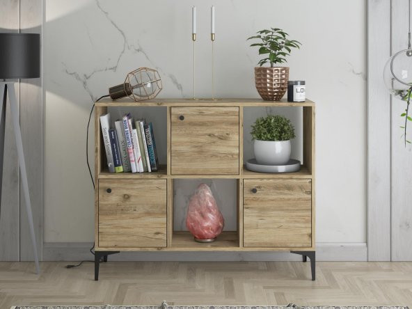 Woodn Love Orbit 3 Kapaklı Metal Ayaklı Çok Amaçlı Dolap Konsol - Atlantik Çam / Siyah - 2