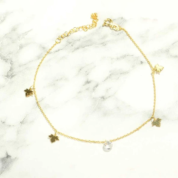 925 Ayar Gümüş Yuvarlak Zirkon Taşlı Çınar Yapraklı Halhal - Resim 3