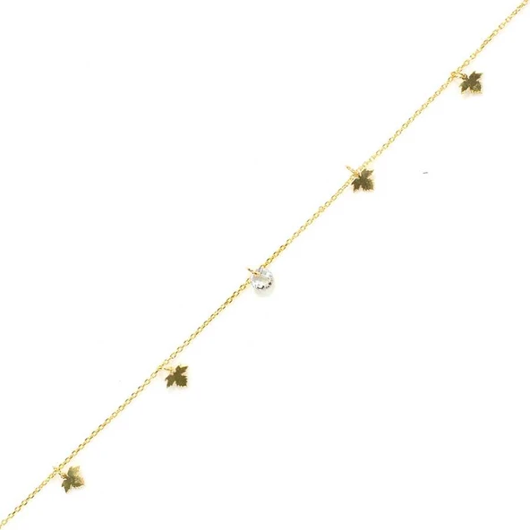 925 Ayar Gümüş Yuvarlak Zirkon Taşlı Çınar Yapraklı Halhal - Resim 2