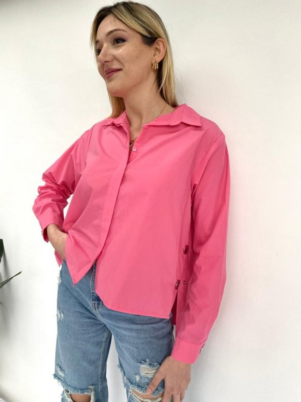 Kadın Düğme Detaylı Gömlek Pembe