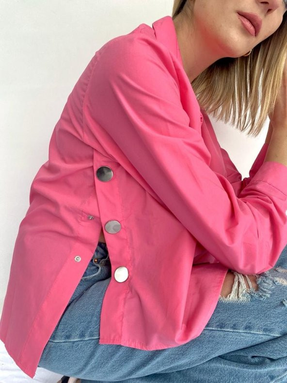 Kadın Düğme Detaylı Gömlek Pembe - 8