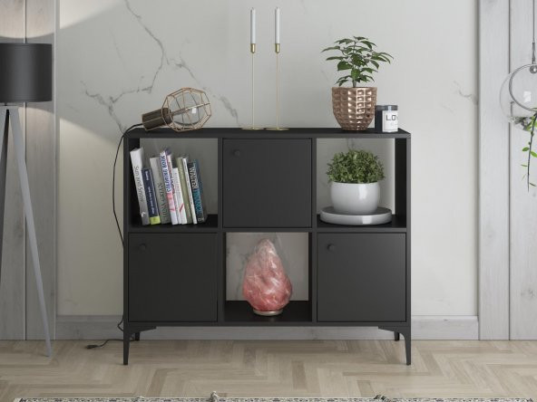 Woodn Love Orbit Premium 3 Kapaklı Metal Ayaklı Çok Amaçlı Dolap Konsol - Siyah / Siyah - 3