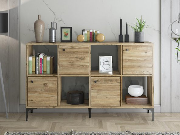 Woodn Love Satürn 4 Kapaklı Metal Ayaklı Çok Amaçlı Dolap Konsol - Atlantik Çam / Siyah - 3