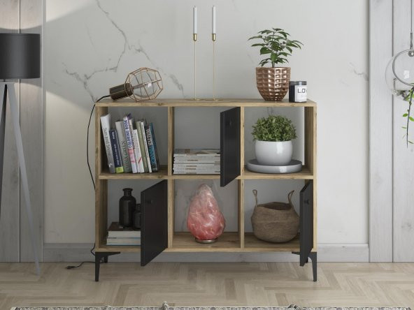 Woodn Love Orbit 3 Kapaklı Metal Ayaklı Çok Amaçlı Dolap Konsol - Atlantik Çam - Siyah / Siyah - 4