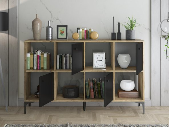 Woodn Love Satürn 4 Kapaklı Metal Ayaklı Çok Amaçlı Dolap Konsol - Atlantik Çam - Siyah / Siyah - 4