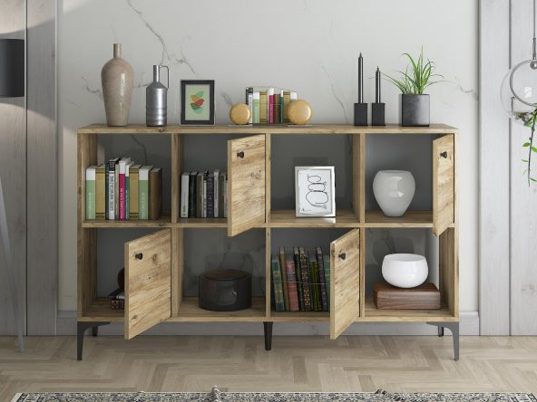 Woodn Love Satürn 4 Kapaklı Metal Ayaklı Çok Amaçlı Dolap Konsol - Atlantik Çam / Siyah - 4