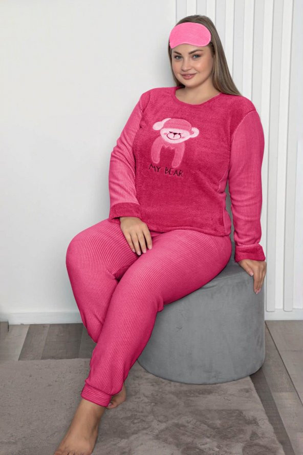 Kadın Koyu Pembe Renk Ayıcık Desenli Polar Kumaş AZL-62000 Pijama Takımı