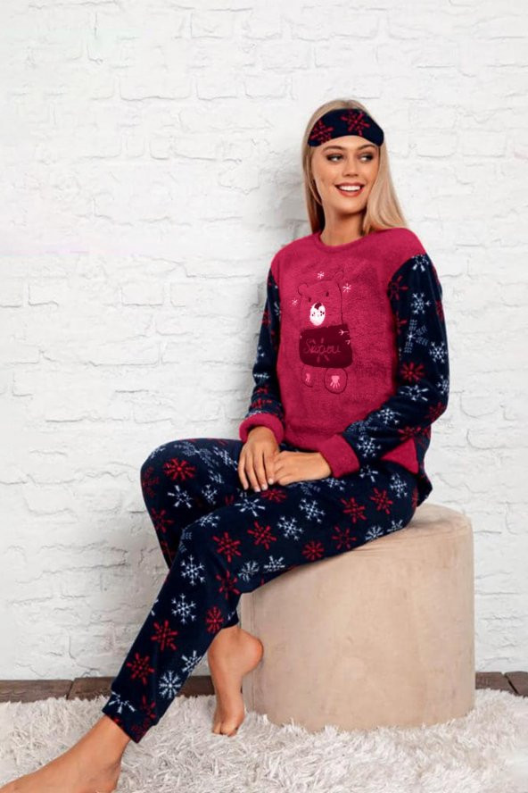 Kadın Pembe-Lacivert Renk Ayıcık Desenli Polar Kumaş AZL-6184Pijama Takımı