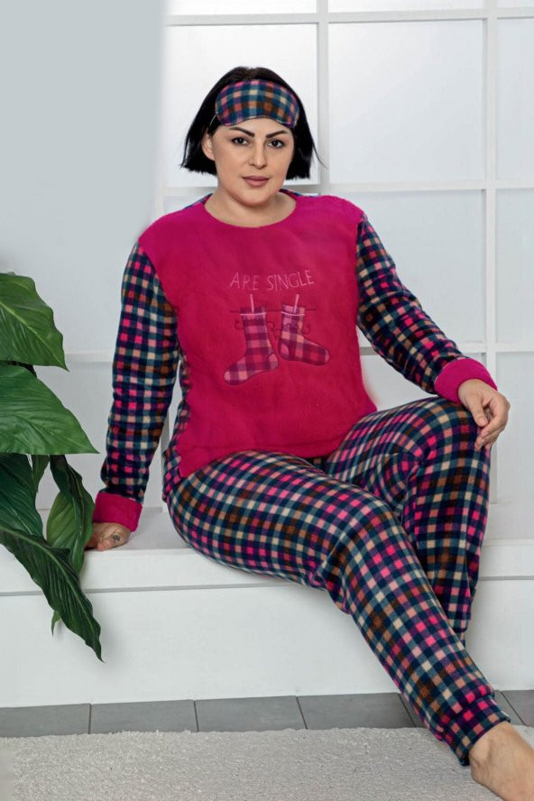 Kadın Koyu Kırmızı Renk Ekose Desenli Polar Kumaş AZL-61955 Pijama Takımı