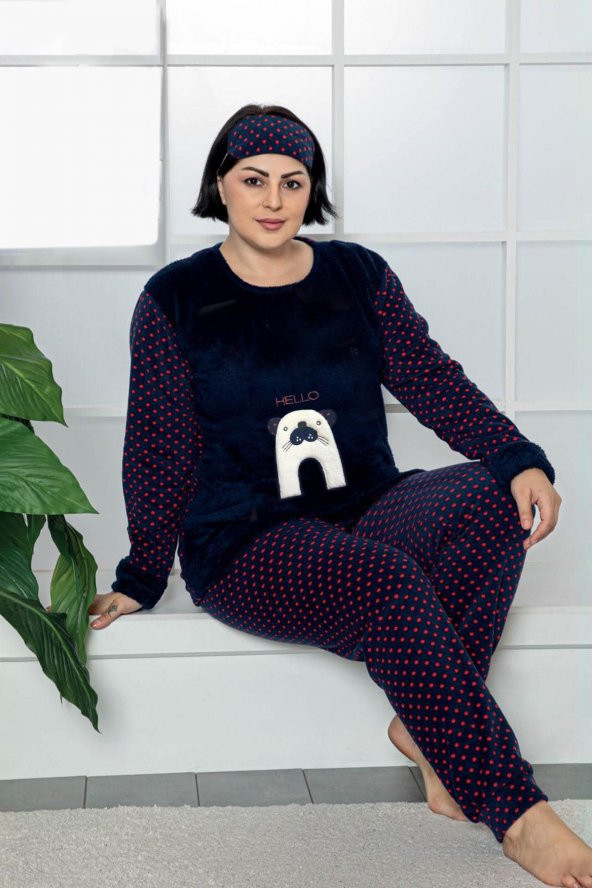 Kadın Lacivert Renk Puantiyeli Polar Kumaş AZL-61933 Pijama Takımı