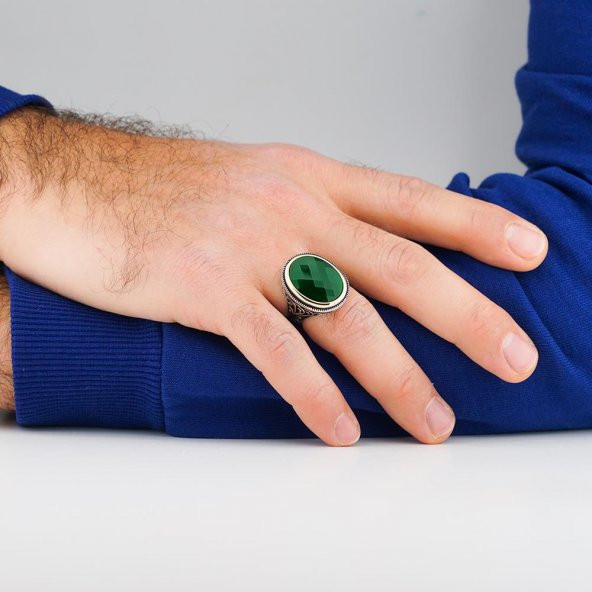 Yeşil Oval Zirkon Taşlı 925 Ayar Gümüş Erkek Yüzük - Resim 2