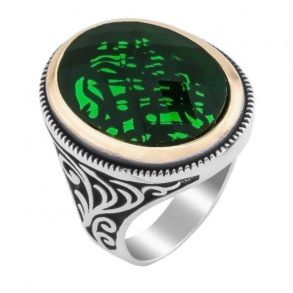 Yeşil Oval Zirkon Taşlı 925 Ayar Gümüş Erkek Yüzük - Resim 3