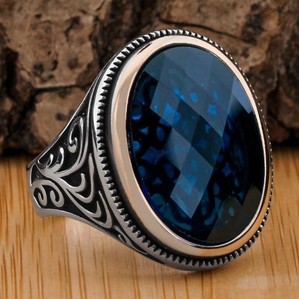Mavi Oval Zirkon Taşlı 925 Ayar Gümüş Erkek Yüzük ürün görseli