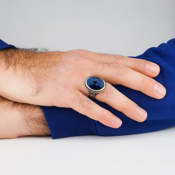 Mavi Oval Zirkon Taşlı 925 Ayar Gümüş Erkek Yüzük - Resim 2