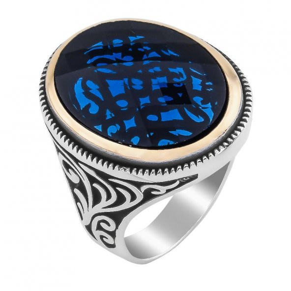 Mavi Oval Zirkon Taşlı 925 Ayar Gümüş Erkek Yüzük - Resim 3