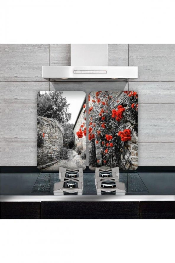 Cam Ocak Koruyucu Ve Kesim Tablası Kırmızı Çiçekler (80cm X 52cm) 2 Parça, 5li Ocaklar