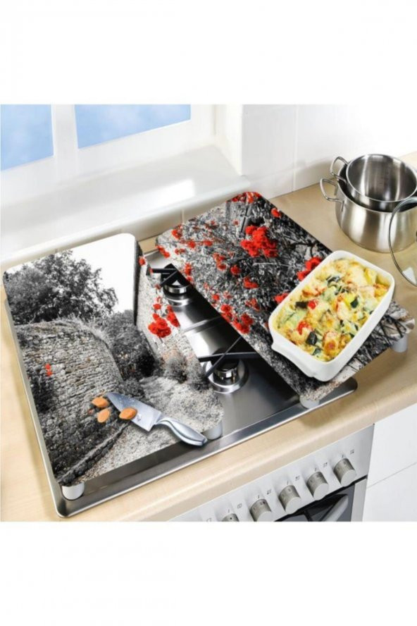 Cam Ocak Koruyucu Ve Kesim Tablası Kırmızı Çiçekler (80cm X 52cm) 2 Parça, 5li Ocaklar - 2