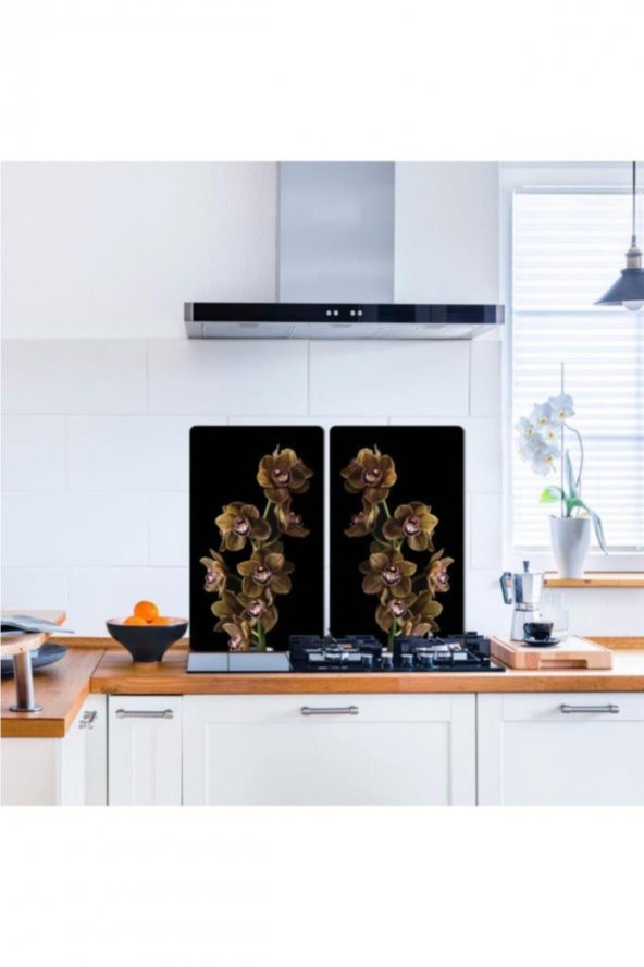 2 li 40x52 cm Kahve Orkide Desenli Cam Kesme Tablası ve Ocak Koruyucu