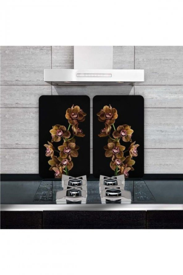 2 li 40x52 cm Kahve Orkide Desenli Cam Kesme Tablası ve Ocak Koruyucu - 2