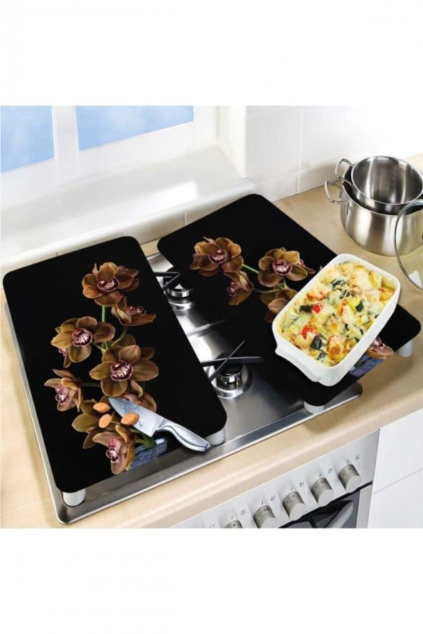 2 li 40x52 cm Kahve Orkide Desenli Cam Kesme Tablası ve Ocak Koruyucu - 3