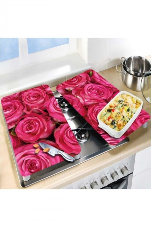 Cam Ocak Koruyucu Ve Kesim Tablası Güller (80cm X 52cm) 2 Parça, 5li Ocaklar - 2