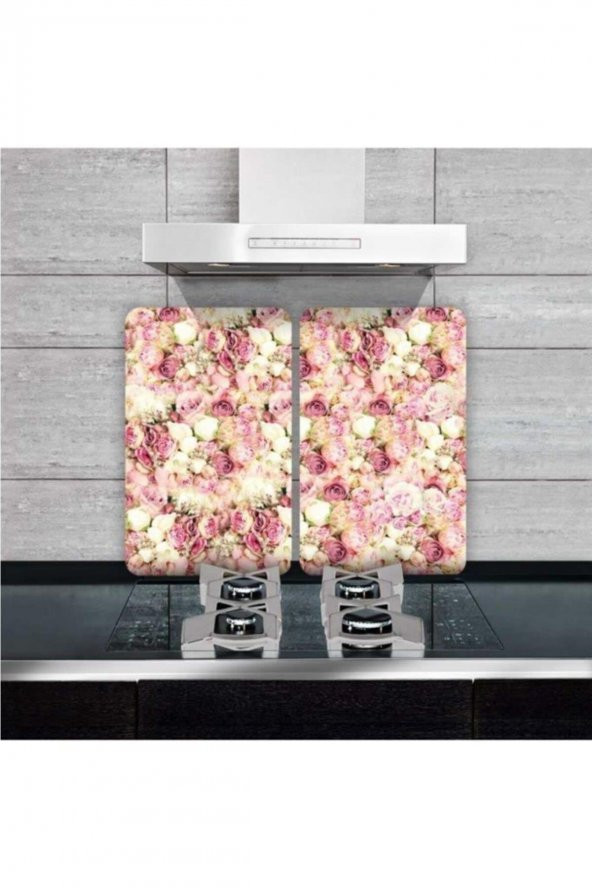Cam Ocak Koruyucu Ve Kesim Tablası Beyaz Açık Pembe Güller (80cm X 52cm) 2 Parça, 5li Ocaklar