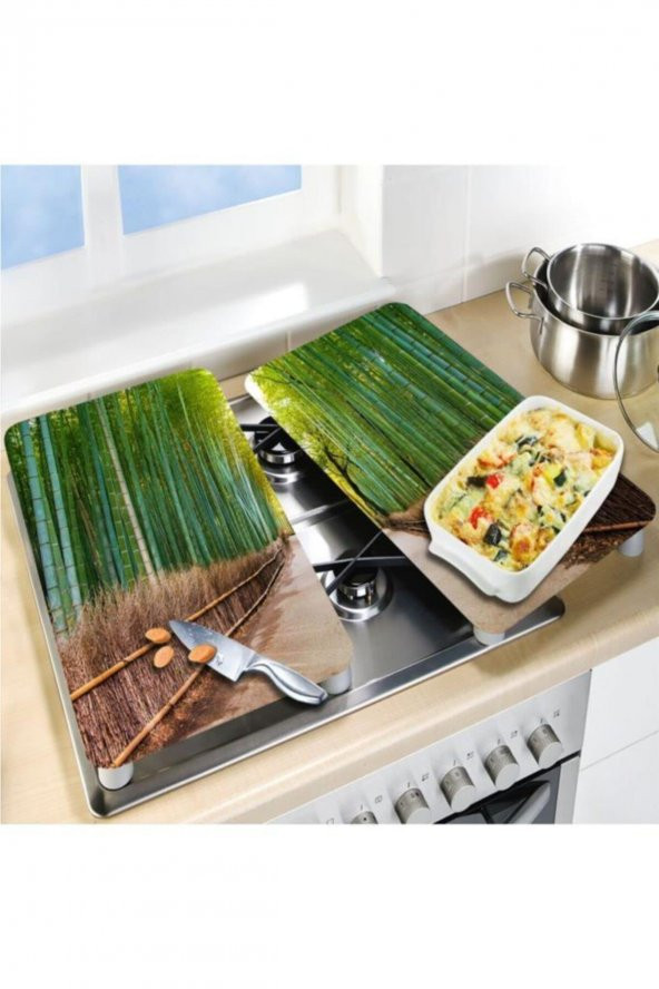 Cam Ocak Koruyucu Ve Kesim Tablası Bambu Yolu (80cm X 52cm) 2 Parça, 5li Ocaklar - 2