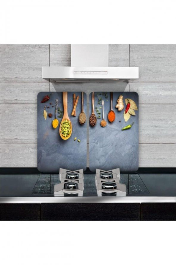 Cam Ocak Koruyucu Ve Kesim Tablası Baharat Ve Kaşıklar (80cm X 52cm) 2 Parça, 5li Ocaklar - 2