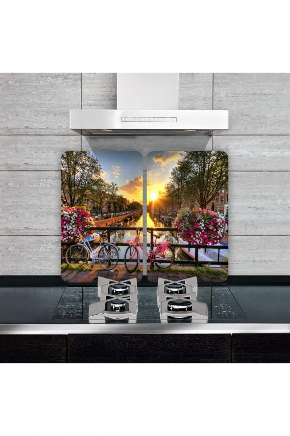 Cam Ocak Koruyucu ve Kesim Tablası Amsterdam (80cm x 52cm) 2 Parça, 5li Ocaklar - Resim 2