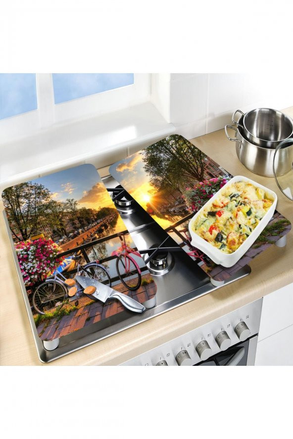 Cam Ocak Koruyucu ve Kesim Tablası Amsterdam (80cm x 52cm) 2 Parça, 5li Ocaklar - Resim 3