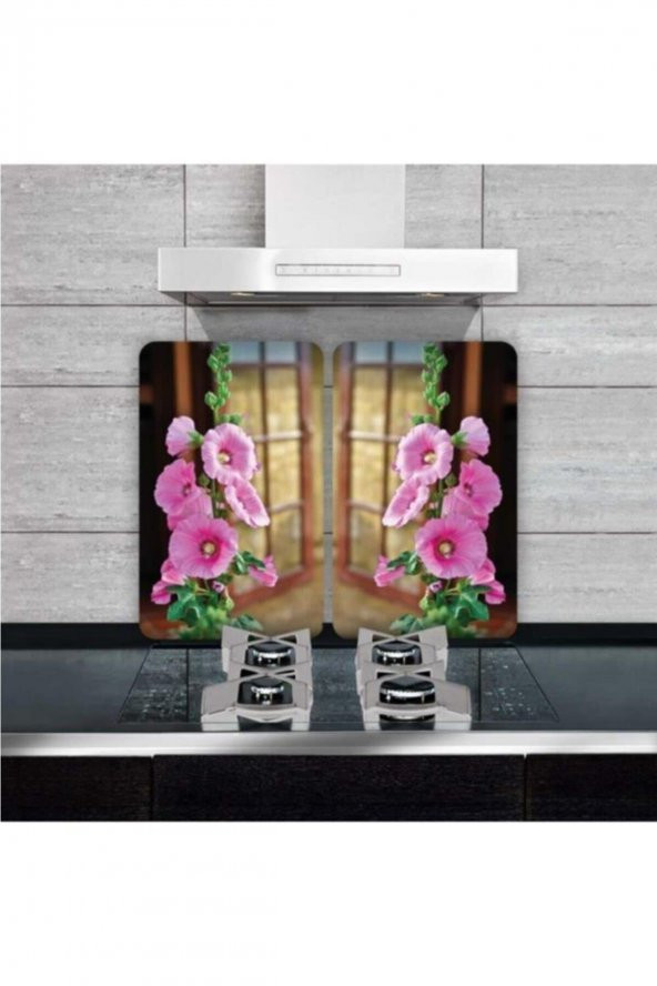 Cam Ocak Koruyucu Ve Kesim Tablası Yeşil Pembe Çiçekler (60cm X 52cm) 2 Parça, 4lü Ocaklar