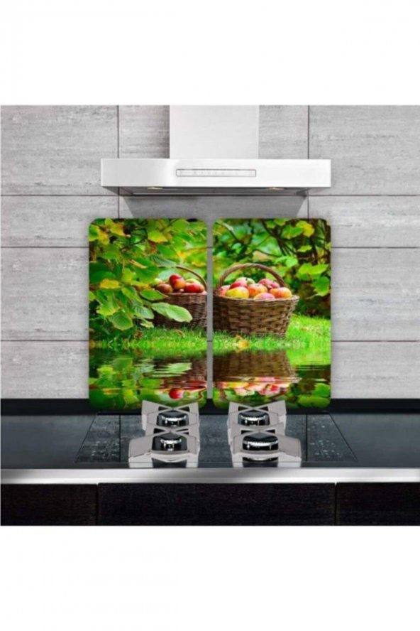 2 li 30x52 cm Kırmızı Elma Sepeti Desenli Cam Kesim Tablası ve Ocak Koruyucu ürün görseli