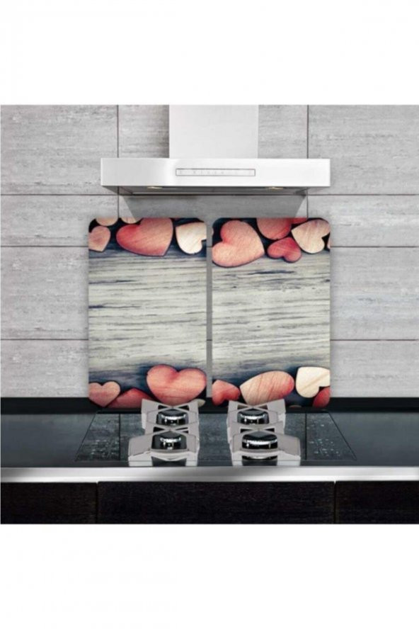Dekoratif Cam Ocak Koruyucu Ve Kesim Tahtası Dokulu Kalpler 60cm X 52cm 2 Parça, 4lü Ocaklar - 1