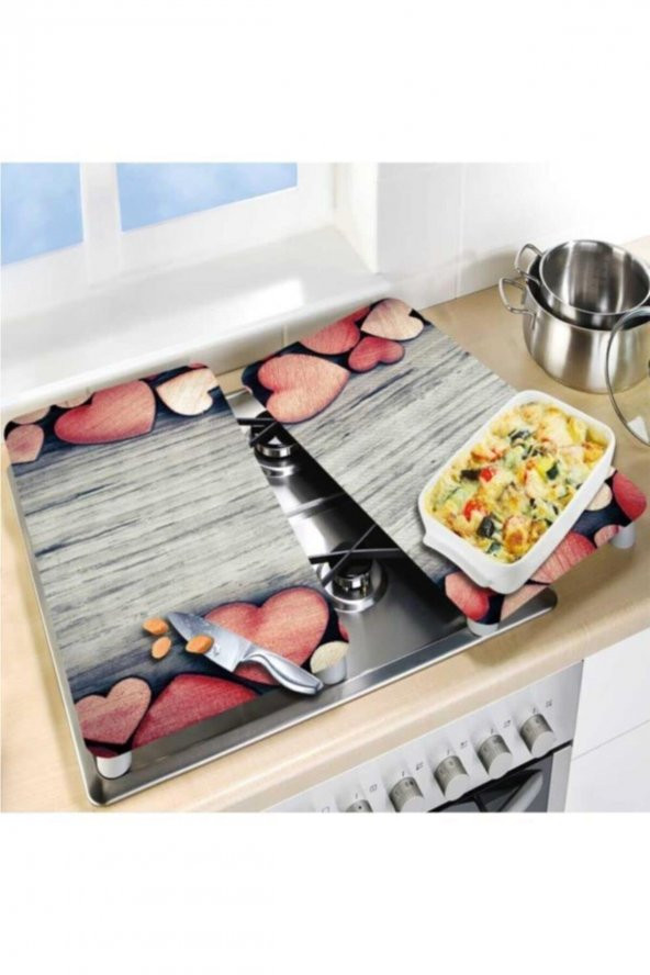 Dekoratif Cam Ocak Koruyucu Ve Kesim Tahtası Dokulu Kalpler 60cm X 52cm 2 Parça, 4lü Ocaklar - 2