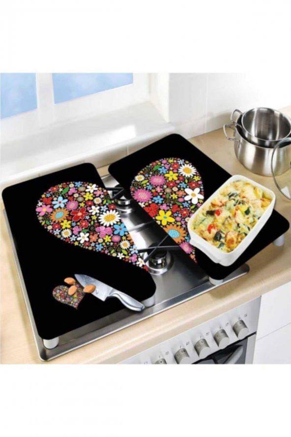 Dekoratif Cam Ocak Koruyucu Ve Kesim Tahtası Siyah Kalp 60cm X 52cm 2 Parça, 4lü Ocaklar - 2