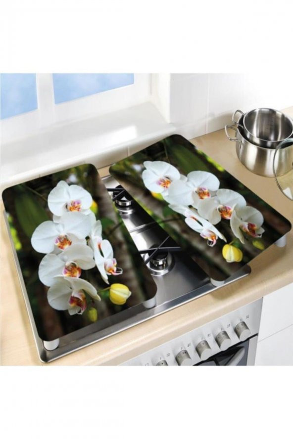 Dekoratif Cam Ocak Koruyucu Ve Kesim Tahtası Renkli Orkide 60cm X 52cm 2 Parça, 4lü Ocaklar - Resim 2