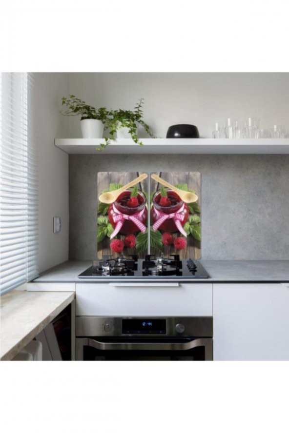 Dekoratif Cam Ocak Koruyucu Ve Kesim Tahtası Raspberry 60cm X 52cm 2 Parça, 4lü Ocaklar ürün görseli