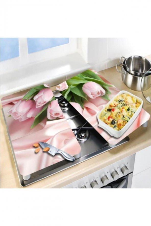 Dekoratif Cam Ocak Koruyucu Ve Kesim Tahtası Pembe Güller 2 60cm X 52cm 2 Parça, 4lü Ocaklar - 2