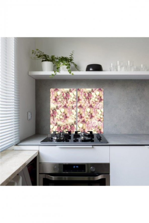 Dekoratif Cam Ocak Koruyucu Ve Kesim Tahtası Pembe Beyaz Güller 60cm X 52cm 2 Parça, 4lü Ocaklar - 1