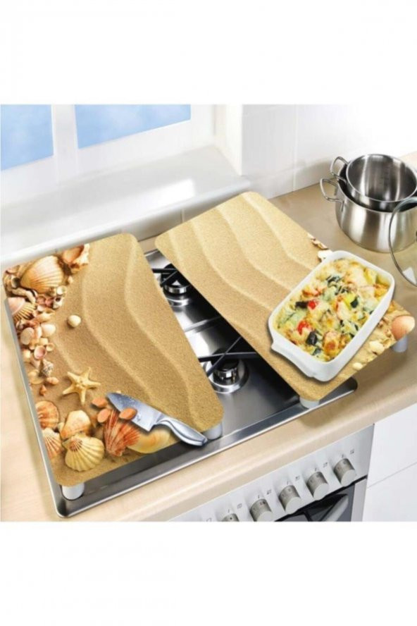 Dekoratif Cam Ocak Koruyucu Ve Kesim Tahtası Kumsal 60cm X 52cm 2 Parça, 4lü Ocaklar - 3