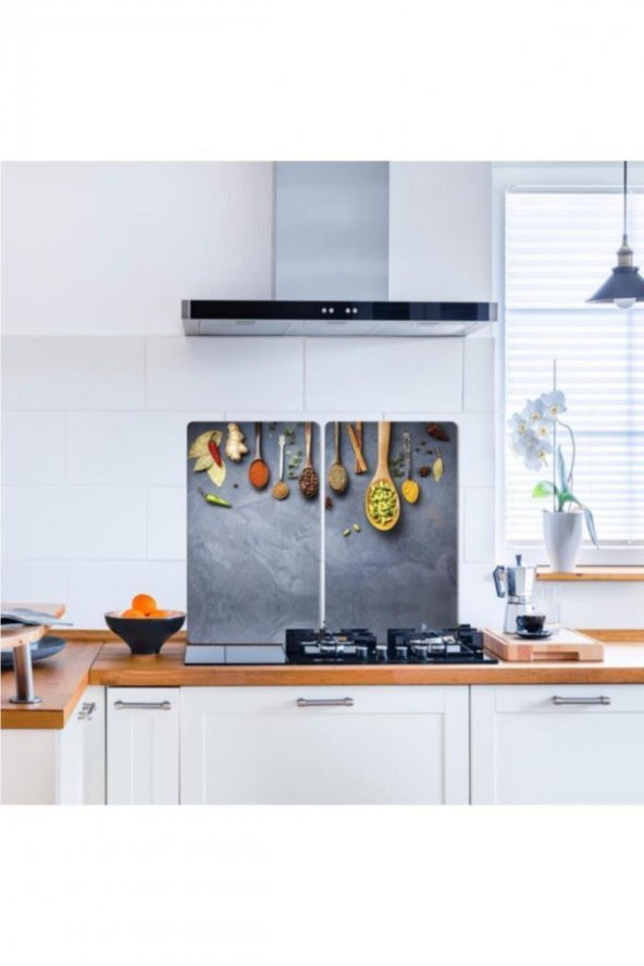 Dekoratif Cam Ocak Koruyucu Ve Kesim Tahtası Baharat Ve Kaşıklar 60cm X 52cm 2 Parça, 4lü Ocaklar