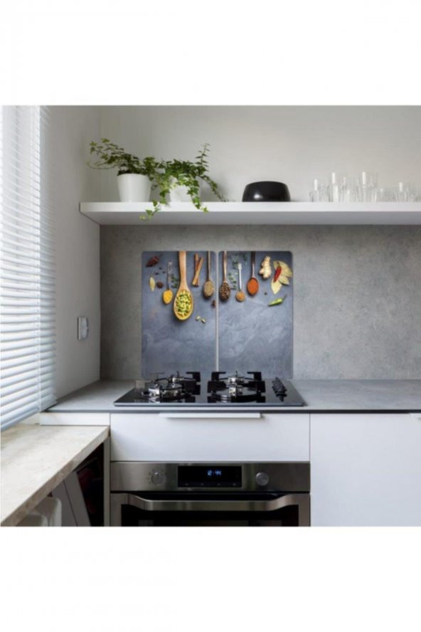 Dekoratif Cam Ocak Koruyucu Ve Kesim Tahtası Baharat Ve Kaşıklar 60cm X 52cm 2 Parça, 4lü Ocaklar - 2