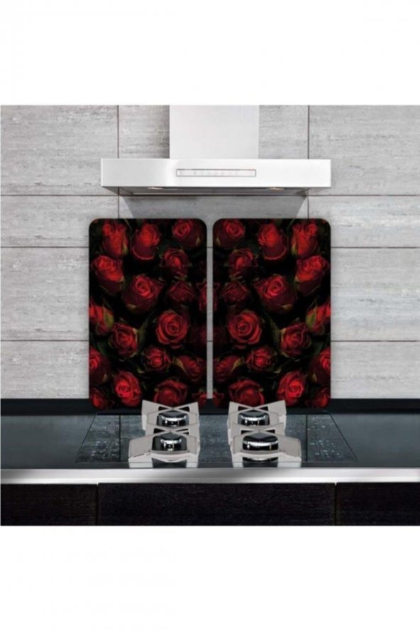 Dekoratif Cam Ocak Koruyucu Ve Kesim Tahtası Kırmızı Güller 60cm X 52cm 2 Parça, 4lü Ocaklar