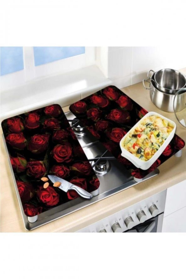 Dekoratif Cam Ocak Koruyucu Ve Kesim Tahtası Kırmızı Güller 60cm X 52cm 2 Parça, 4lü Ocaklar - 2